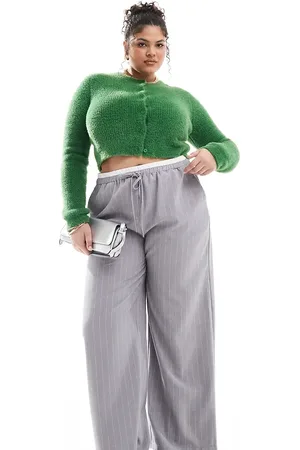 ASOS Curve tailored wide leg trousers with contrast waistband in stripe