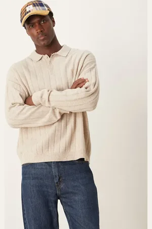 ASOS Relaxed knitted lambswool wide rib polo in oatmeal