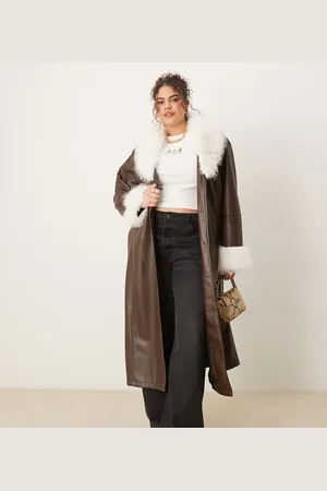 ASOS ASOS DESIGN Curve faux fur collar and cuff longline leather look coat in chocolate