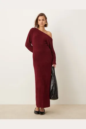 ASOS Supersoft fluffy fallen shoulder midaxi dress in burgundy