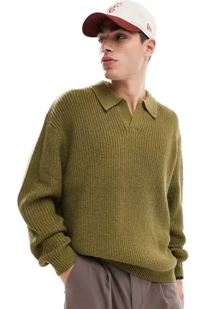 ASOS Knitted oversized fisherman rib notch neck jumper in khaki