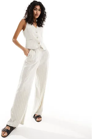 ASOS Tailored high waist seam detail wide leg linen trousers in ecru stripe