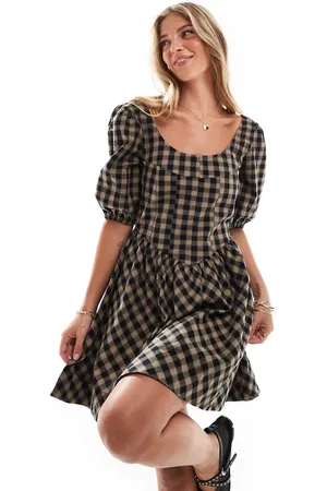 ASOS Corset waist mini smock dress in brown and black gingham