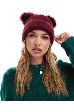 ASOS Double faux fur pom beanie in burgundy
