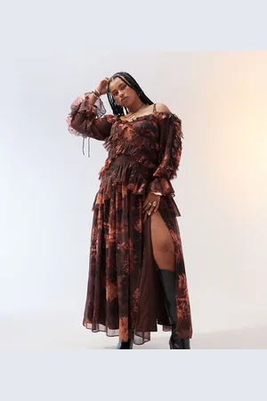 ASOS ASOS DESIGN Curve ruffle off shoulder tiered maxi dress in burgundy floral