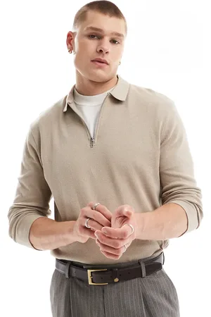 ASOS Waffle long sleeve polo with zip in stone