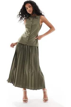 ASOS Button down pleated skirt midi dress in khaki