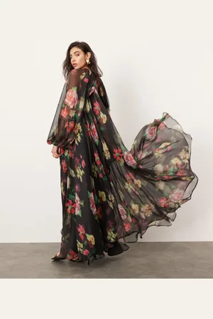 ASOS Chiffon volume sleeve maxi dress in black base floral print