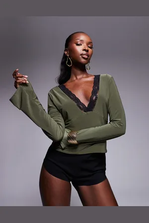 ASOS Slinky plunge contrast lace trim v neck top with flared sleeves in khaki