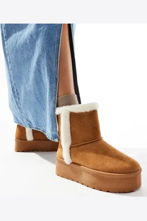 SEQWL Faux fur topped flatform boots in tan