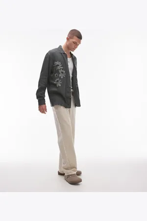 Topman Long sleeve embroidered front shirt in teal