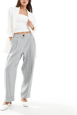 ASOS Tailored barrel leg trousers with turn up hem in grey stripe