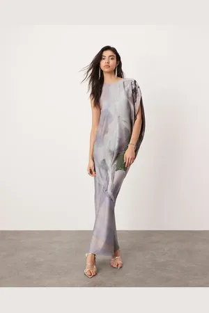 ASOS Satin draped one sleeve asymmetric midi dress in oversized horse print