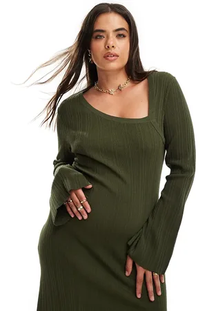 Pretty Lavish Asymmetric knitted thigh split midi dress in olive