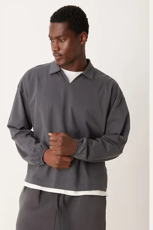 ASOS Oversized long sleeve polo with revere collar in charcoal