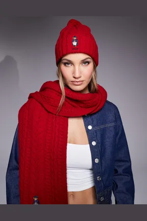 Ralph Lauren Cable knit bobble hat with bear logo in