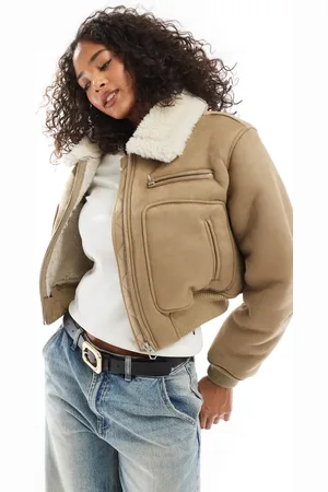 Pull&Bear Faux suede shearling collar bomber jacket in camel