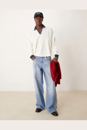 ASOS Oversized boxy heavyweight long sleeve polo with contrast collar 240gsm in cream