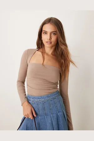 Abercrombie & Fitch Seamless long sleeve ruched square neck top in taupe