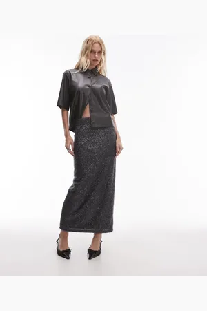 Topshop Sequin midaxi skirt in gunmetal