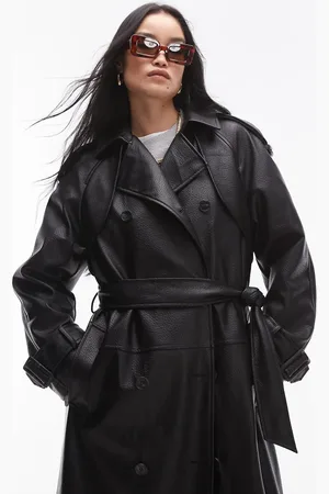 Topshop Textured faux leather trench coat in