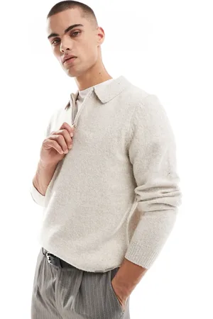 Threadbare Knitted zip polo jumper in ecru marl