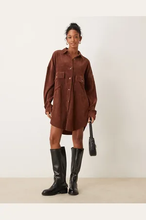 ASOS Cord oversized shirt dress with drop pocket in chocolate