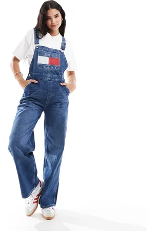 Tommy Hilfiger Retro flag denim dungarees in mid wash
