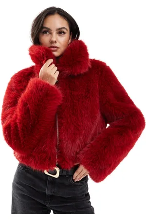 ASOS Cropped faux fur bomber jacket in red