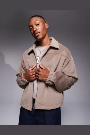 ASOS Oversized boxy textured fleece harrington shacket in beige
