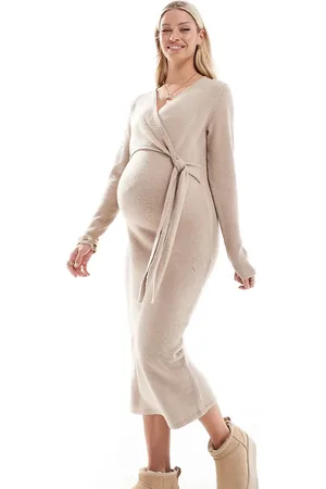 Mama;licious Mamalicious maternity knitted maxi dress with knot front in beige