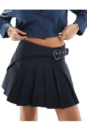 Pull&Bear Tailored wrap pleated mini skirt in navy pinstripe