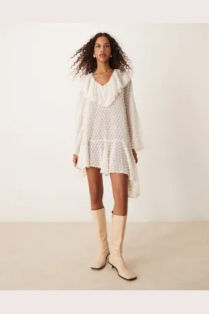 ASOS V neck asymmetric hem dobby mini dress in winter white