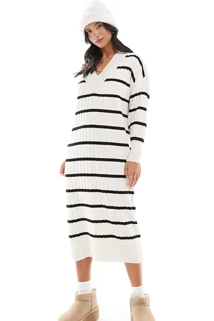 ONLY Knitted v neck midaxi dress in cream and black stripe