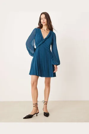 ASOS Twist detail wrap front pleated mini dress in petrol blue