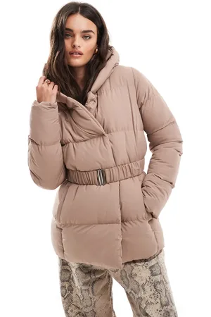 Threadbare Side fasten hooded puffer in taupe