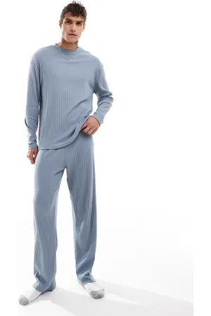 ASOS Rib lounge set with long sleeve t-shirt and bottoms in blue