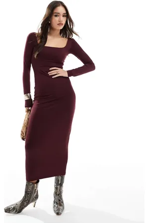 Bershka Long sleeve square neck bodycon midaxi dress in burgundy