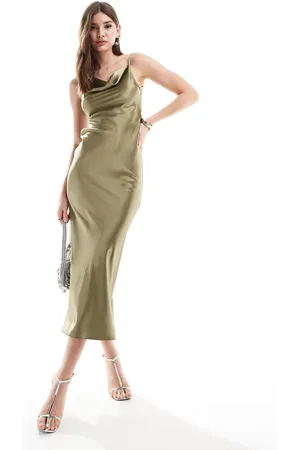 Miss Selfridge Satin asymetric cowl maxi dress in khaki