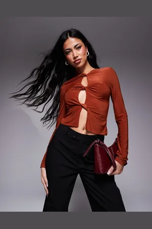 ASOS Slinky twist front long sleeve top in rust
