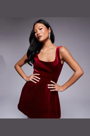 ASOS ASOS DESIGN Petite velvet square neck seam detail mini dress in burgundy