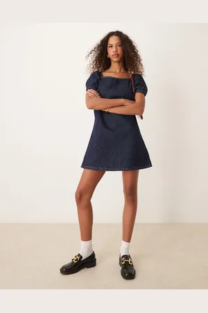 ASOS Denim puff sleeve shift dress in indigo
