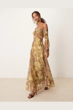 ASOS Mesh twisted bardot maxi dress with floaty sleeves in abstract print