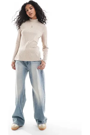 Stradivarius Brushed ribbed long sleeve top in ecru