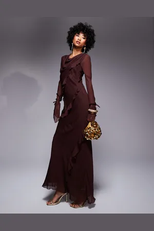 DASKA Chiffon ruffle maxi dress in chocolate