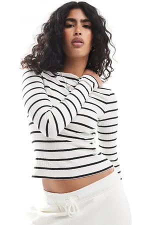 Brave Soul Long sleeve boat neck top in cream and black stripe