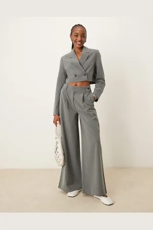 Pimkie Button waist wide leg tailored trousers co-ord in grey pinstripe