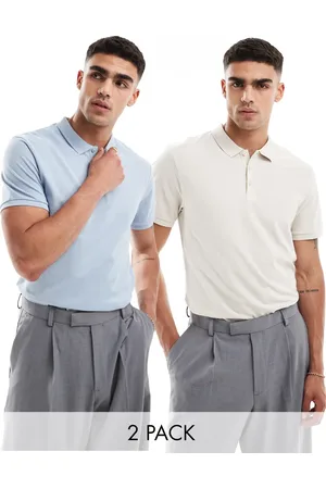 ASOS 2 pack pique polos in stone and light blue