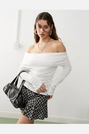Weekday Dani semi sheer asymmetric bardot long sleeve top in off