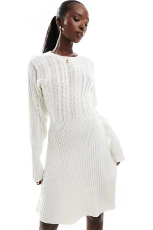 In The Style Cable knit mini skater jumper dress in cream